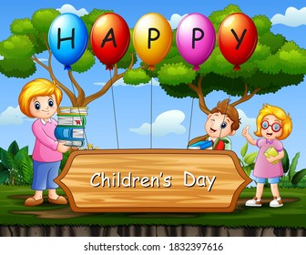 Happy children's day poster with school kids and teacher in the park