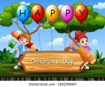 Happy children's day poster with school kids in the park