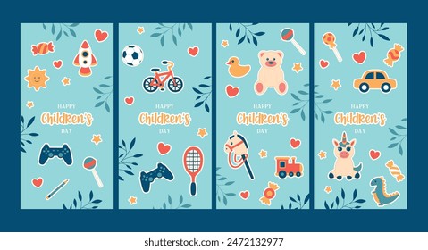 Happy children's day set of stories for social media with cute toys