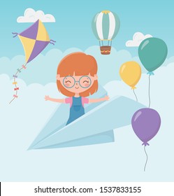 happy childrens day smile girl on paper plane flying sky vector illustration