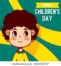 Happy Children's Day social media post template design with vector illustration of a cartoon child in yellow clothes and curly hair