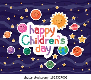 Happy Childrens Day With Space Cartoons Icons Design, International Celebration Theme Vector Illustration