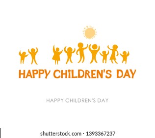 Happy Children's Day. Sunny yellow flat design of social logo. Silhouettes of joyful playing kids illustration to the Children's Day. Vector inscription and funny kids.
