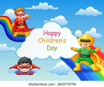 Happy Children's Day template with superhero kids on the sky