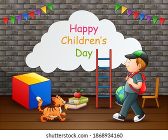 Feliz texto del día de los niños con un niño y una mascota