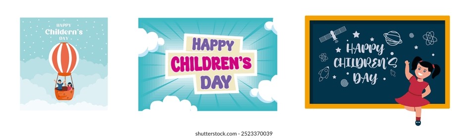 Happy children's day. Text effect for Children's Day on white clouds background. International children's day. Set flat vector modern illustration 