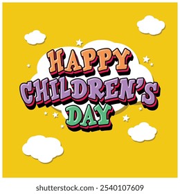 Happy Children's Day text on white clouds background. Happy Children's Day concept. Children's Day concept. Flat vector illustration.