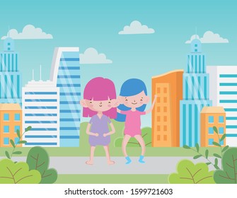 Happy Children's Day, two little girls in the city Happy Children's Day  street, vector illustration