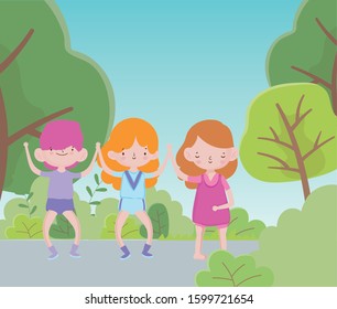 Happy Children's Day two little girls and boy with trees and  bush foliage, vector illustration