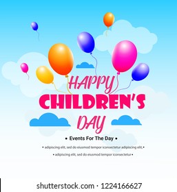 happy Children's day vector background. Cloud, ribbon with Children's Day title, balloons. Happy children's day colorful card.