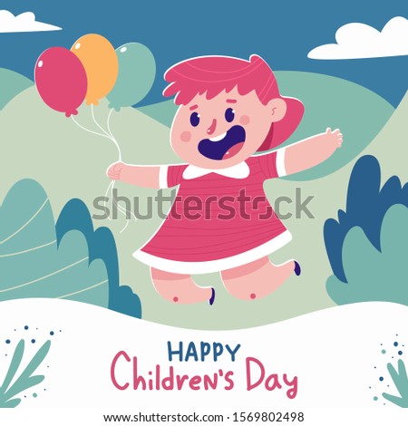 Happy Children's day vector cartoon poster with cute girl and balloons.