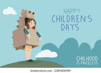 Happy children's day vector of girls playing in a cardboard box shaped like a monster