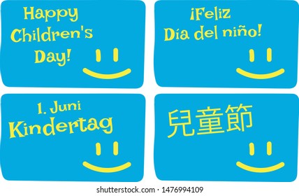 Happy Children's Day vector greeting card with kids drawing of a smiling face, yellow text in English, Spanish, German and Chinese on blue background.