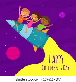 Happy Children's Day. Vector illustration with kids of different nationality.  