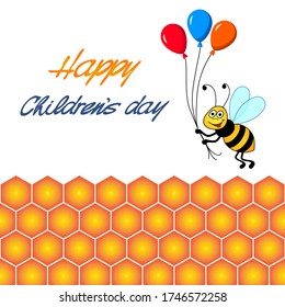 Happy children's day, vector illustration, cartoon cute bee flying on honeycomb with three balloons, yellow, orange and blue balloons,