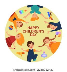 Happy Childrens day vector illustration. Happy kids smiling and playing with hands up. Toy gun, car, ball in circle on white background. Children day, holiday, childhood, innocence concept