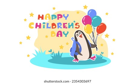 Feliz día de los niños. Ilustración vectorial con letras coloridas. Pingüino lindo con lino. Afiche infantil aislado en un fondo blanco.