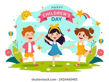 Happy Children's Day Vector Illustration with Kids Togetherness in Children Celebration Cartoon Bright Sky Blue Background and Green Field Design