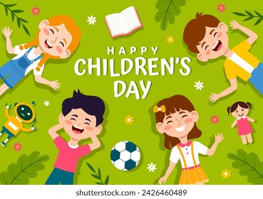 Happy Children's Day Vector Illustration with Kids Togetherness in Children Celebration Cartoon Bright Sky Blue Background and Green Field Design