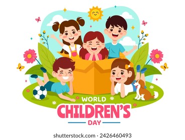 Happy Children's Day Vector Illustration with Kids Togetherness in Children Celebration Cartoon Bright Sky Blue Background and Green Field Design