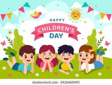 Feliz Día del Niño Ilustración vectorial con los niños juntos en la celebración de los niños Dibujos animados brillante cielo azul de fondo y diseño de campo verde