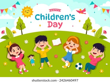 Happy Children's Day Vector Illustration with Kids Togetherness in Children Celebration Cartoon Bright Sky Blue Background and Green Field Design