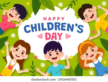 Feliz Día del Niño Ilustración vectorial con los niños juntos en la celebración de los niños Dibujos animados brillante cielo azul de fondo y diseño de campo verde