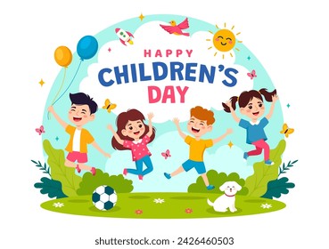 Happy Children's Day Vector Illustration with Kids Togetherness in Children Celebration Cartoon Bright Sky Blue Background and Green Field Design