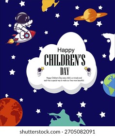 Feliz Dia das Crianças ilustração vetorial com astronauta, estrelas, planetas e nuvens fundo.