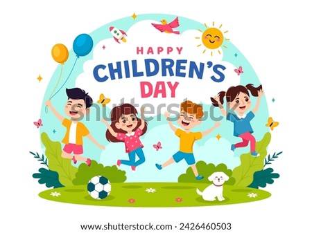 Happy Children's Day Vector Illustration with Kids Togetherness in Children Celebration Cartoon Bright Sky Blue Background and Green Field Design
