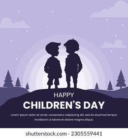 Happy Children's Day Vector Illustrations. Children play outdoors silhouette design. Background with landscape and copy space