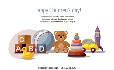 Happy Childrens day web banner template. Set of colorful wooden kids toys, cars, trains, building blocks. Vector