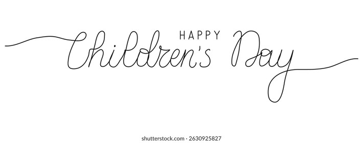 Happy Children's Day words in continuous one line art style. Hand drawn quote with editable stroke. Outline handwritten script. Minimalist black drawing of phrase on white background.