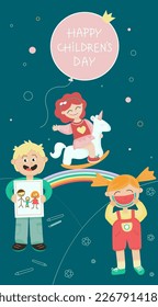 Happy children's day.Girl with watermelon,boy painted parents,unicorn and rainbow.Poster,card,banner,social media story