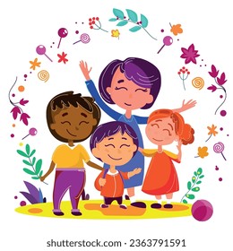 Happy Children's Day.Multi Ethnic Kids together on white  background with flowers toys and lollipops vector illustration.Happy children and cheerful childhood.Child protection concept