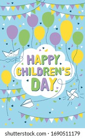 Happy children's days greeting card with balloons and flags