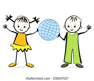 Happy childrens with globe. Vector illustration.