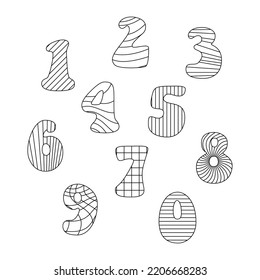 Happy children's numbers from 0 to 9 in fun doodle style. Geometric pattern set isolated on white