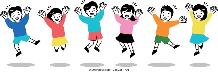 Happy children's smiles: cheerful friends jumping with joy and playing_shadowed