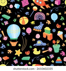 Happy childrens toys pattern. Seamless ornament with happy toys colorful. Hand drawn trendy Vector