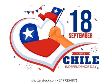Feliz Ilustración vectorial del Día de la Independencia de Chile con la bandera ondeando y la cinta en el fondo nacional de dibujos animados de estilo plano de Festiva