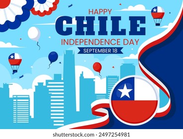 Happy Chile Independence Day Vektorgrafik mit wehender Flagge und Band im National Holiday Flat Style Cartoon Hintergrund