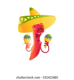 Happy chili pepper character in sombrero playing Mexican maracas, cartoon vector illustration isolated on white background. Chili pepper character in traditional Mexican sombrero playing music
