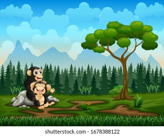 Happy chimpanzee mother with her baby in the green field