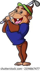 The happy chimpanzee is playing and posing as the professional golf player of illustration