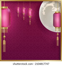 Happy China Lantern Festival, Chinese lanterns with gold paper cut art and craft style on color background with pink plum blossom flowers and asian elements (translate : Happy Lantern Festival)
