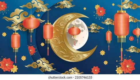 Happy China Lantern Festival, Chinese lanterns with gold paper cut art and craft style on color background with pink plum blossom flowers and asian elements (translate : Happy Lantern Festival)