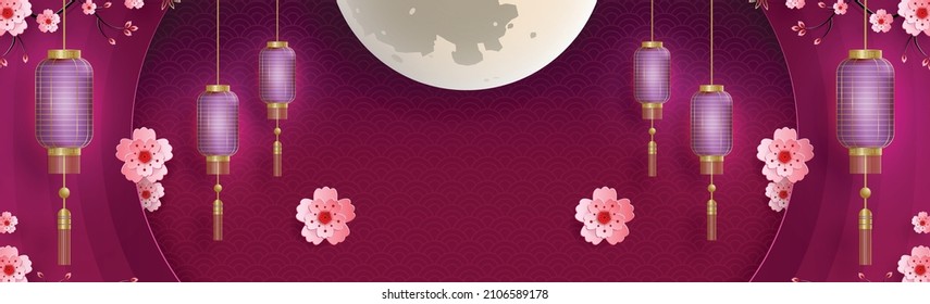 Happy China Lantern Festival, Chinese lanterns with gold paper cut art and craft style on color background with pink plum blossom flowers and asian elements (translate : Happy Lantern Festival)
