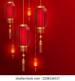 Happy China Lantern Festival, Chinese lanterns with gold paper cut art and craft style on color background with pink plum blossom flowers and asian elements (translate : Happy Lantern Festival)