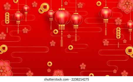 Happy China Lantern Festival, Chinese lanterns with gold paper cut art and craft style on color background with pink plum blossom flowers and asian elements (translate : Happy Lantern Festival)